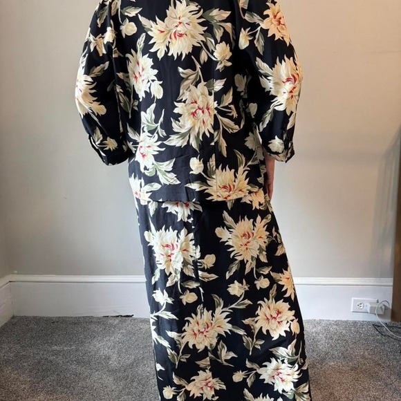 Y2K VTG Silk Black Floral 2 Piece Maxi sleeveless dress & Button Down Top Large - Picture 3 of 8